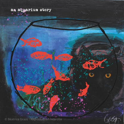 étail de la peinture "An Aquarium Story" par Béatrice Graas. Gros plan sur un bocal de poissons rouges stylisés et le regard intense d'un chat noir en arrière-plan. Art animalier contemporain.