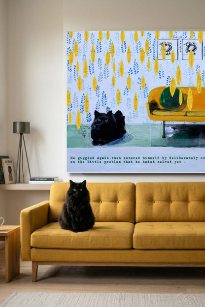 Tableau contemporain – Chat noir & canapé jaune