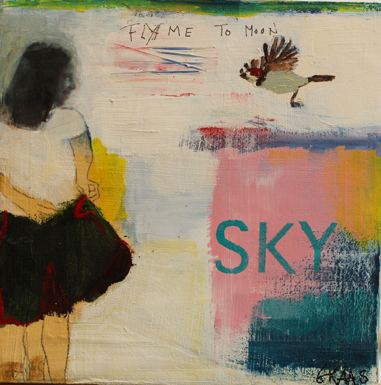 Tableau original carré "Fly Me To Moon" de l'artiste Béatrice Graas. Technique mixte sur bois avec finition résine brillante, représentant un oiseau en plein vol, une silhouette féminine et le mot SKY sur un fond abstrait rose et bleu.