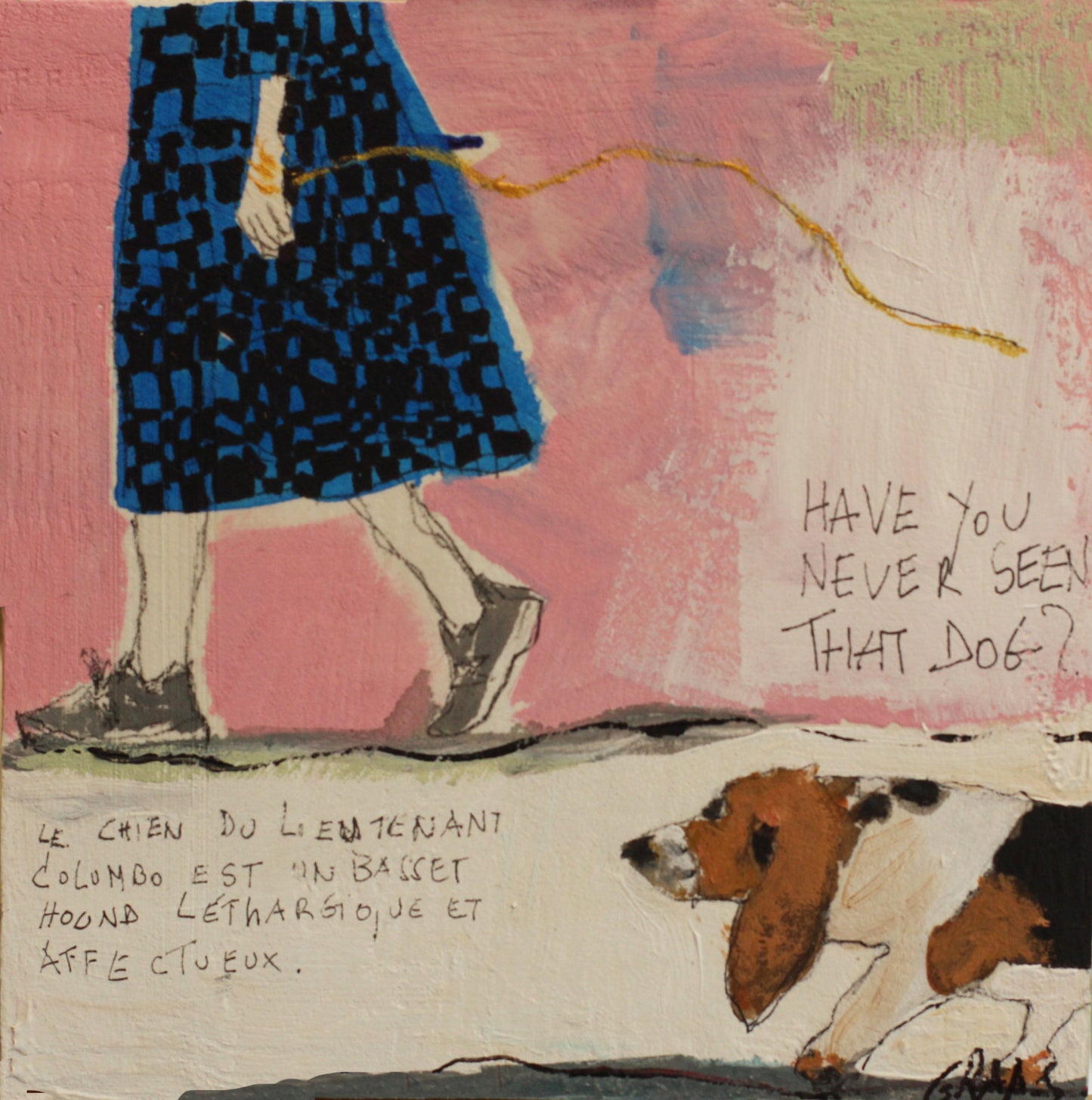 Tableau original carré "Fly Me To Moon" de l'artiste Béatrice Graas. Œuvre en technique mixte sur bois avec finition résine brillante. La composition présente une silhouette féminine à gauche, un oiseau brun en vol en haut à droite et le mot "SKY" écrit en turquoise sur un bloc rose. Fond abstrait aux tons blanc cassé, jaune et bleu pétrole.