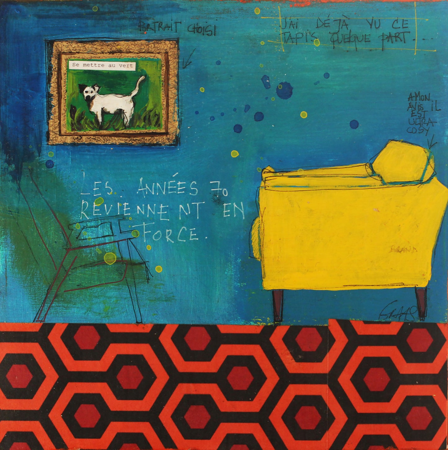 inture contemporaine sur bois représentant une scène intérieure rétro avec fauteuil jaune, motifs graphiques rouges et noirs, et un petit tableau avec un chien, mêlant écriture et éléments narratifs