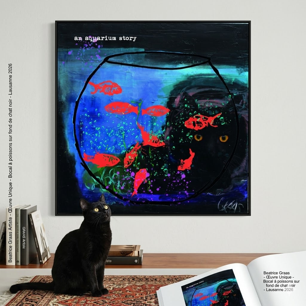 Peinture contemporaine "An Aquarium Story" de Béatrice Graas exposée dans un intérieur chic. Œuvre originale d'un chat noir observant un bocal de poissons rouges, sélectionnée pour la Foire de Lausanne.