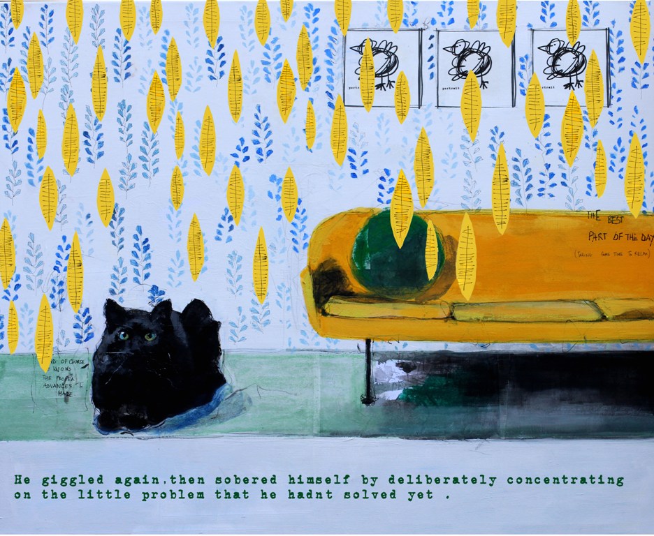 tableau representant un chat noir et un canape jaune