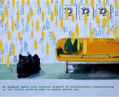 tableau representant un chat noir et un canape jaune