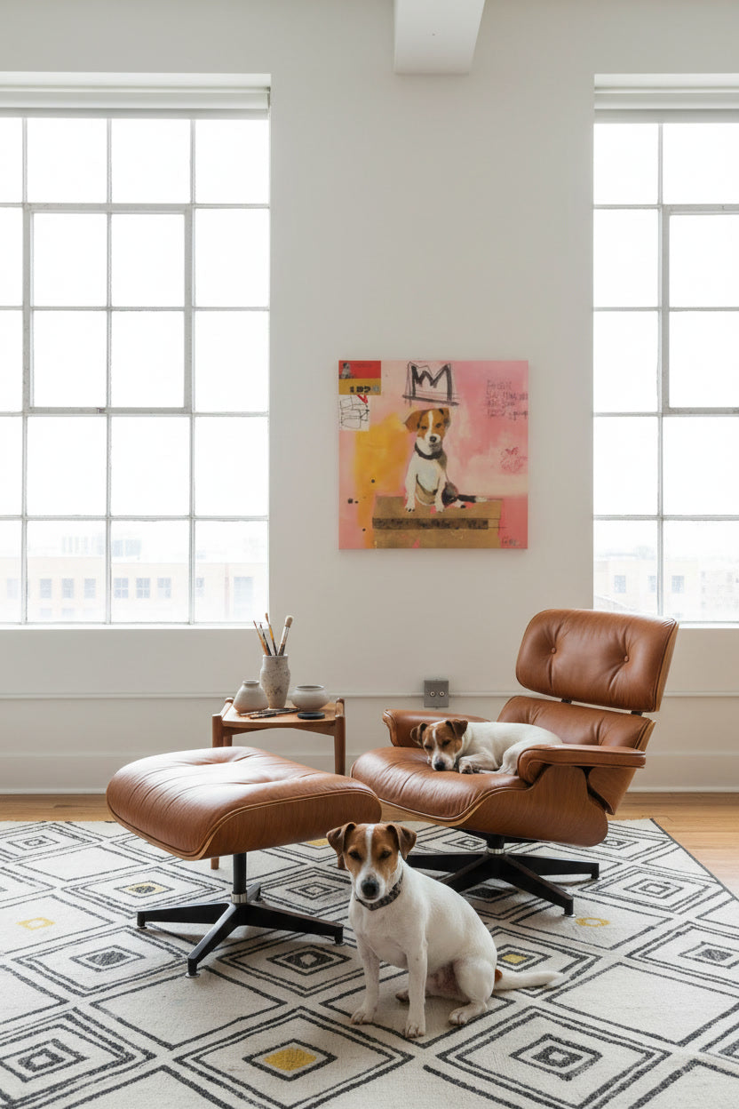 "Peinture acrylique et collage sur bois représentant un petit chien Jack Russell assis. Le fond est rose avec des inscriptions poétiques, une couronne noire stylisée et des touches de feuille d'or. Art contemporain de Béatrice Graas." elle est accrochée dans un intérieur epuré avec fauteuil emes et 2 Jack Russel Terrier