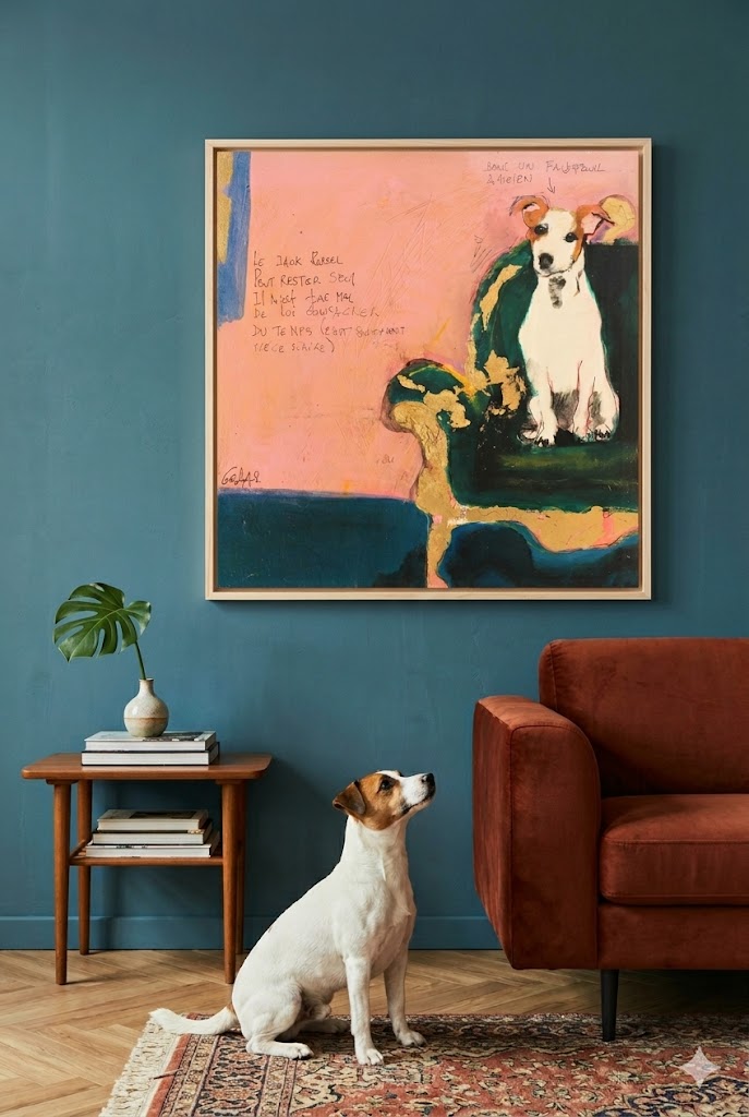 Un chien Jack Russell assis sur un tapis persan regarde avec curiosité son propre portrait accroché au mur. Le tableau est une œuvre d'art contemporaine sur fond rose avec un fauteuil vert et des éclats de dorure.