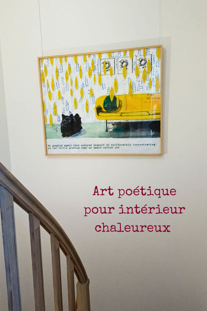 Tableau contemporain – Chat noir & canapé jaune