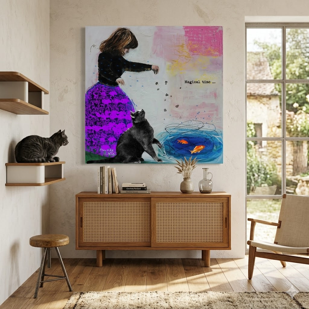 J’ai placé votre tableau sur un mur de plâtre texturé, au-dessus d’un bahut Charlotte Perriand, avec ses portes coulissantes en bois et canne de rotin. Vous pouvez même voir un livre d'art avec son nom sur la tranche.

Un véritable chat tigré est confortablement installé sur une étagère "Nuage" (une autre icône Perriand), et un tabouret ainsi qu'une chaise Lounge complètent cet intérieur à la fois moderne et chaleureux.

Le contraste entre la géométrie pure du mobilier Perriand et la poésie onirique de votr