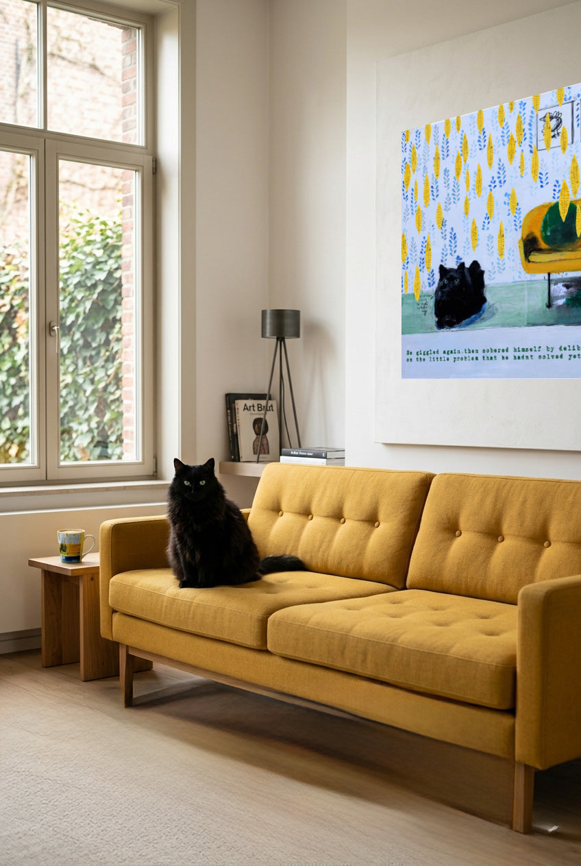 Tableau contemporain – Chat noir & canapé jaune