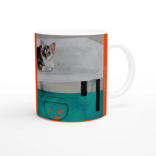 un mug avec une peinture de beatrice graas representant un chat et un aquarium