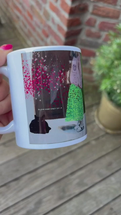 Tasse artistique en céramique blanche – Chat noir & silhouette contemporaine