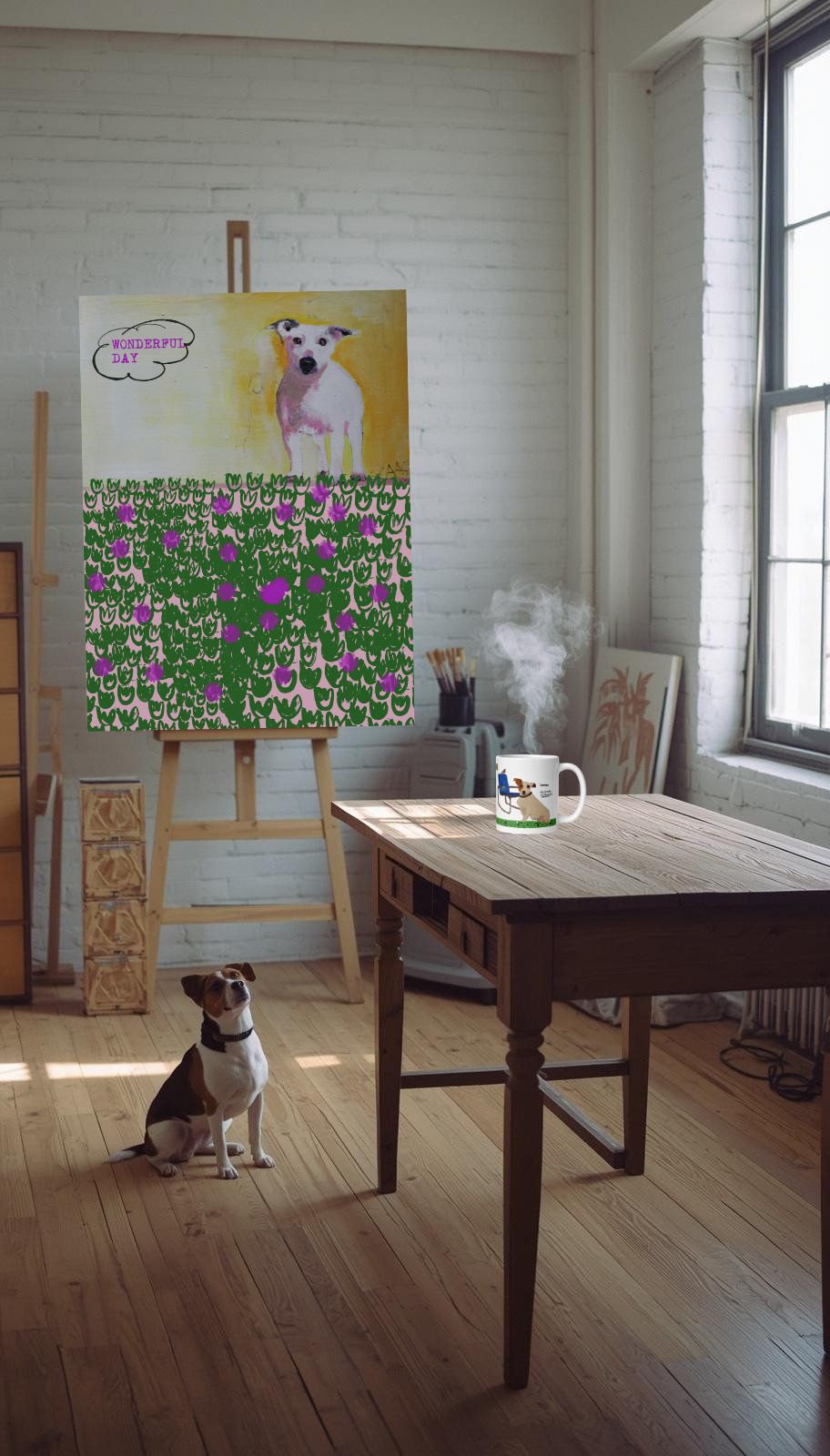 “Tableau contemporain coloré représentant un chien dans un champ fleuri vert et violet, posé sur un chevalet dans un atelier lumineux avec une table en bois et une tasse illustrée au premier plan.”